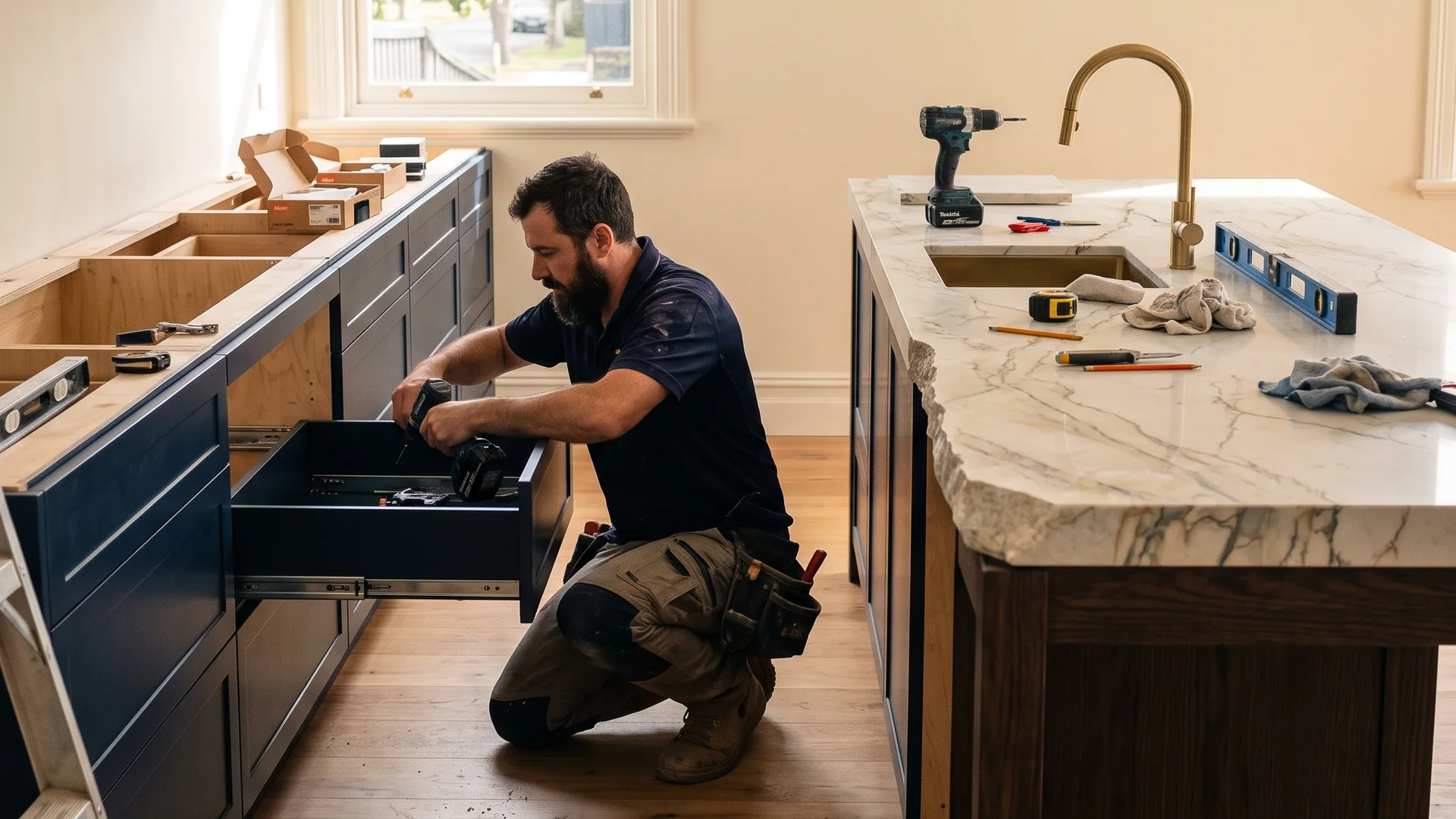 Kitchen renovation in progress in Melbourne North with new cabinetry being fitted
