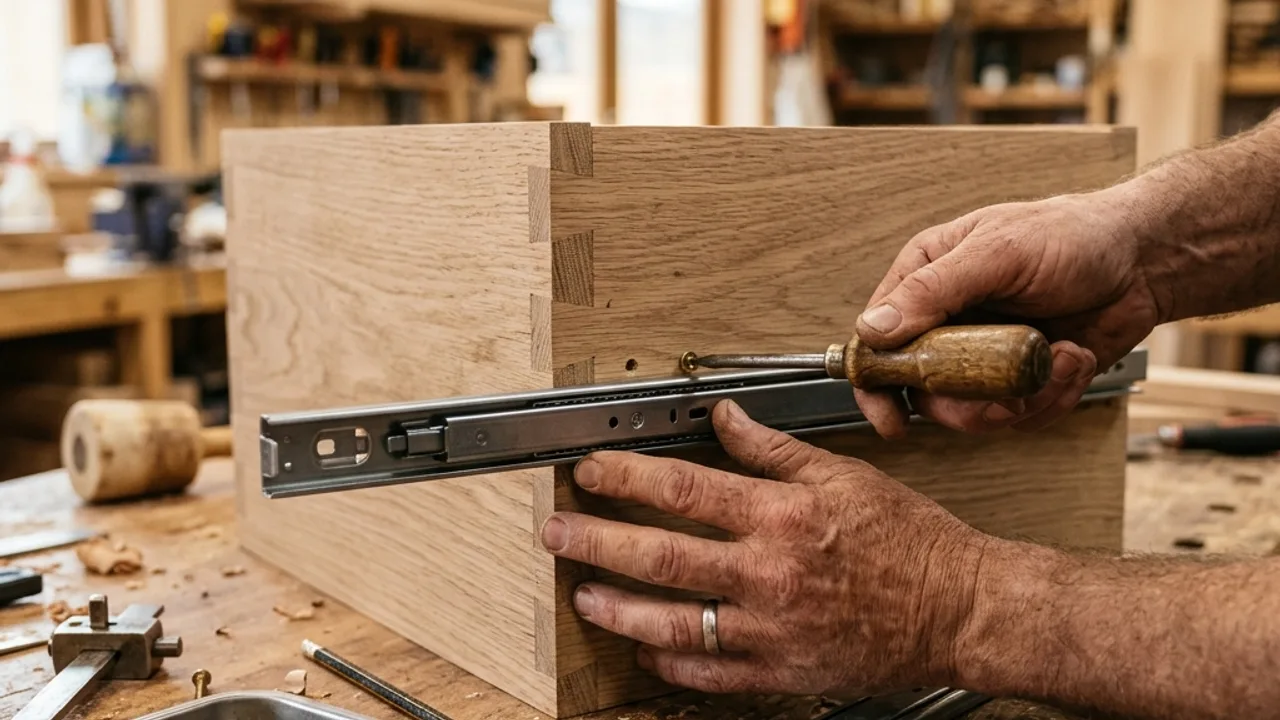 Cabinetmaker fitting a soft-close drawer runner in a workshop