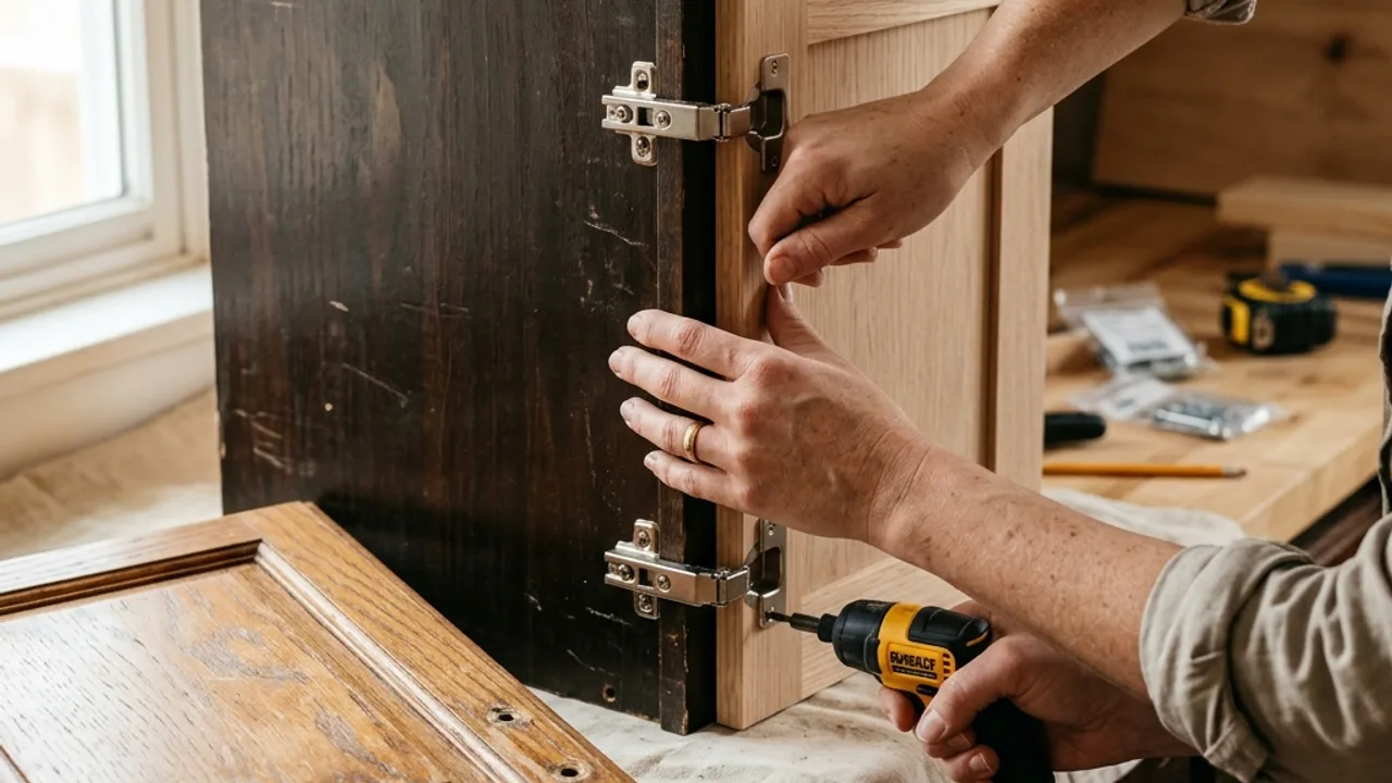 Hands fitting a new cabinet door onto an existing kitchen carcass