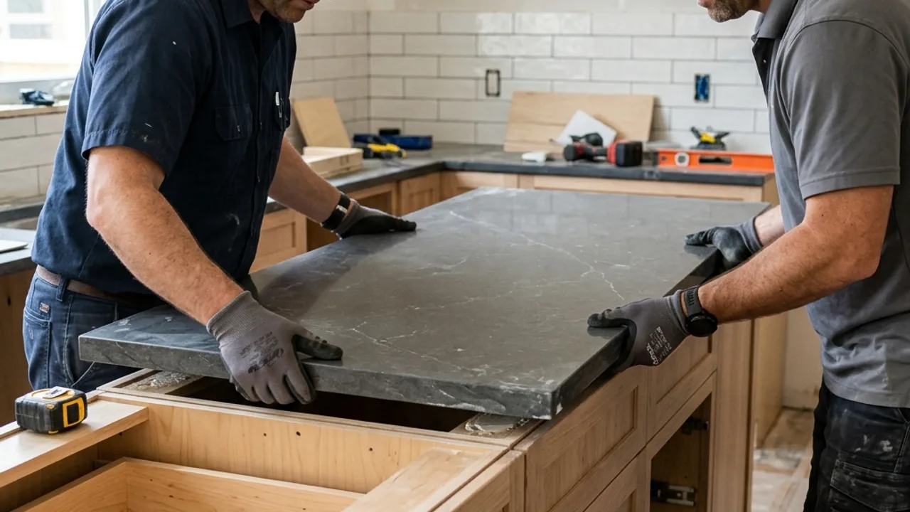 Installers positioning a stone benchtop onto kitchen cabinetry